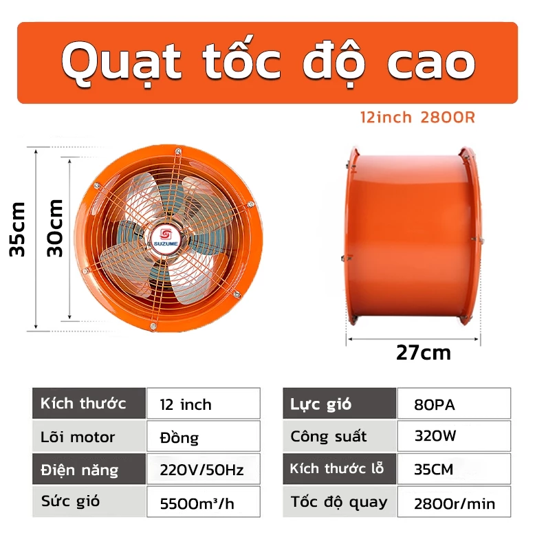 Quạt Hút Công Nghiệp Tốc Độ Cao V2B 12INCH 2800r/phút - Động Cơ Đồng Nguyên Chất, Cánh Quạt Inox - Công Suất Gió Lớn 🔥🔥 - Ảnh 6
