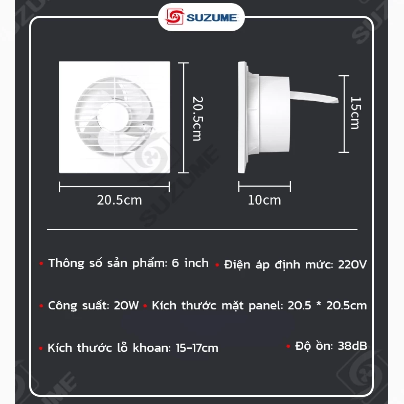 Quạt thông gió 6 inch 20W siêu êm 38dB, tiết kiệm điện, lỗ 15cm - Phù hợp cho nhà vệ sinh và phòng nhỏ thông gió khử ẩm - Ảnh 4